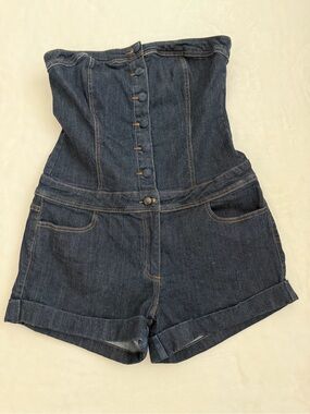 Americana Blues Denim Strapless Romper Corset Button Front Shorts Y2K